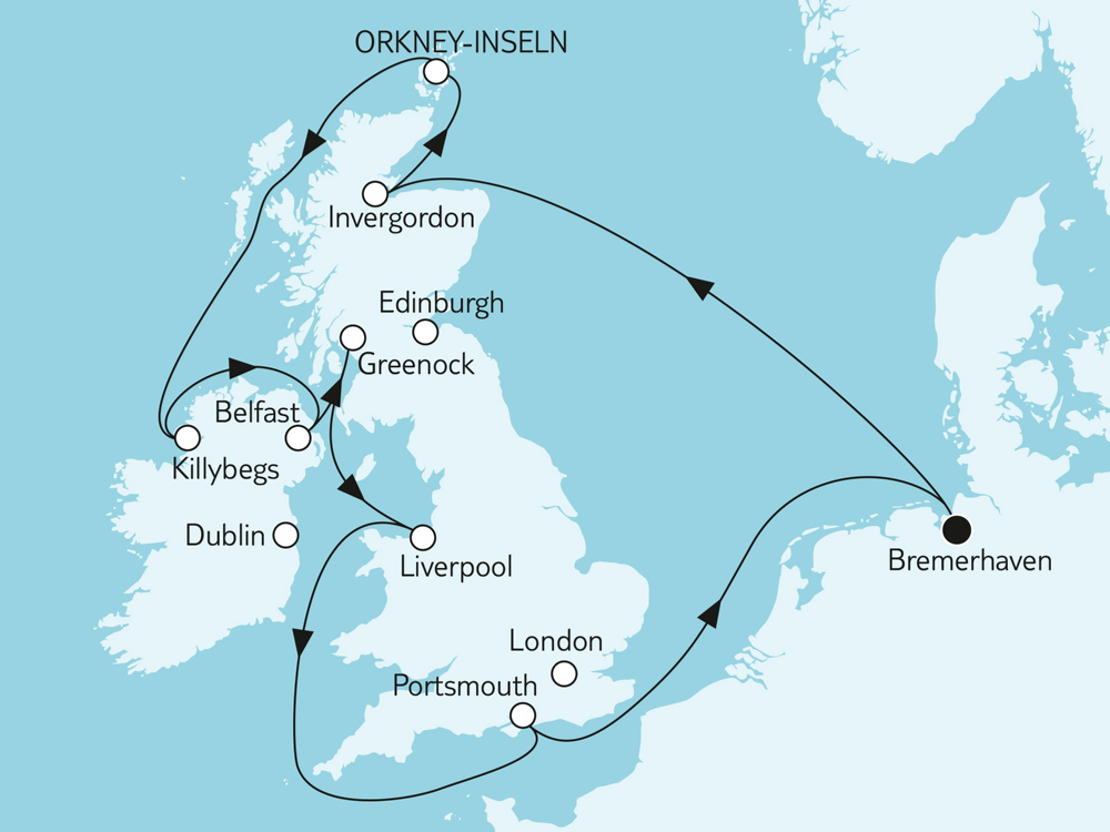 Mein Schiff 3 Angebot der Woche Grobritannien mit Liverpool - Routenbild
